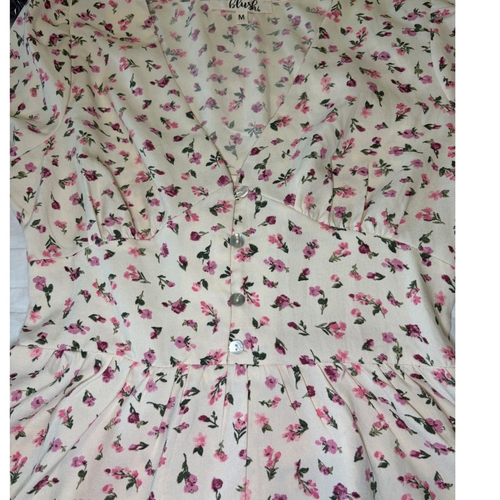 Hint of Blush Womens Floral Peplum Top Cream Pink V-Neck Smocked Back Size M - Picture 9 of 9